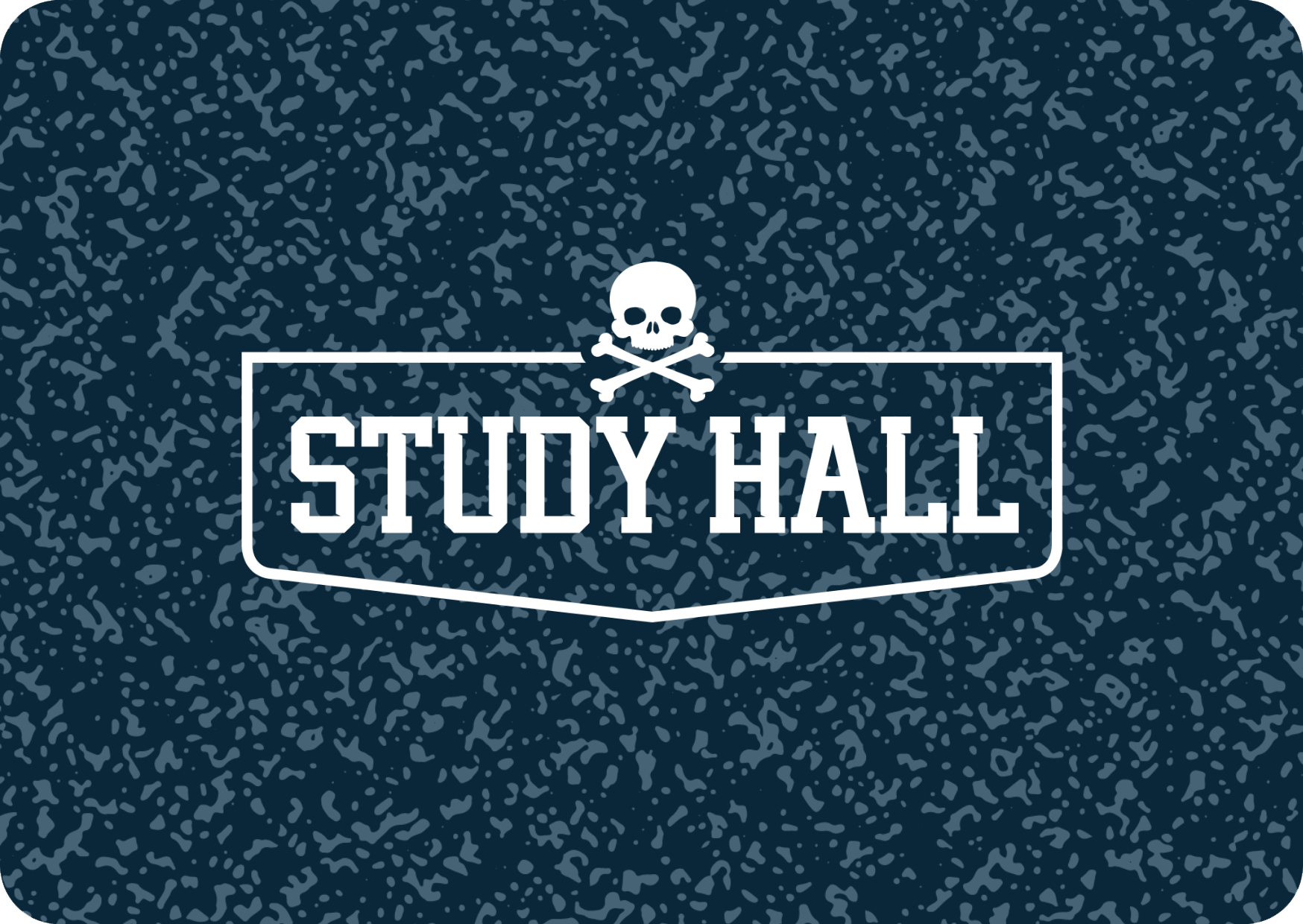 Navy blue background with 'STUDY HALL' text and skull design.